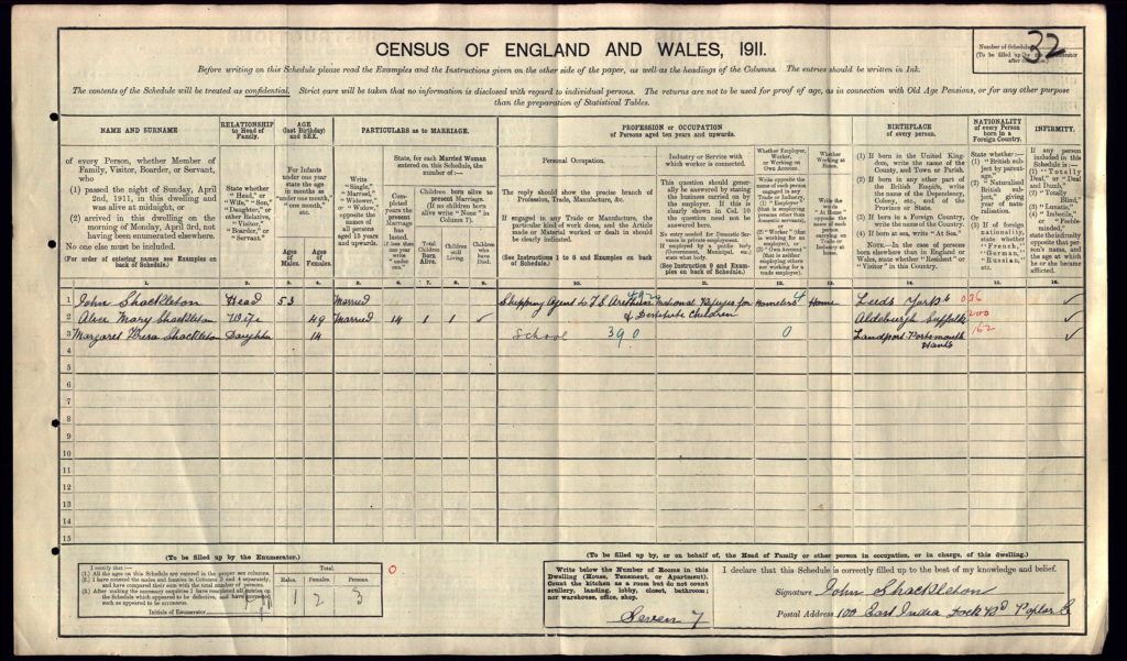 1911 census entry for John Shackleton